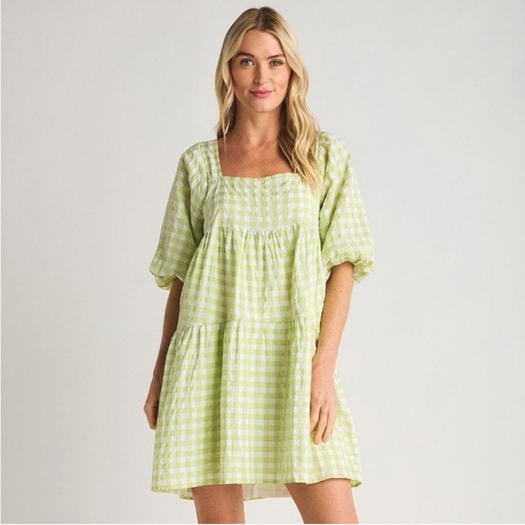 Lush Dresses & Skirts - Lush Gingham Plaid Green Spring Dress Easter Jacquard Balloon Sleeve Large Lime